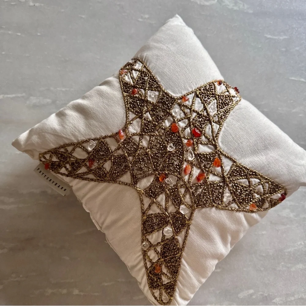 Pottery Bane Gold Star Embellished Ivory Throw Pillow
